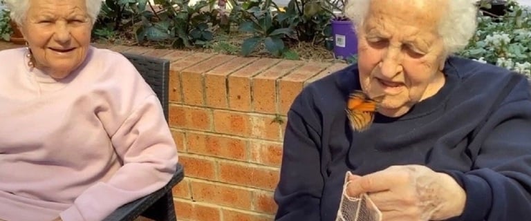 Two elderly ladies releasing a butterfly from its cage 