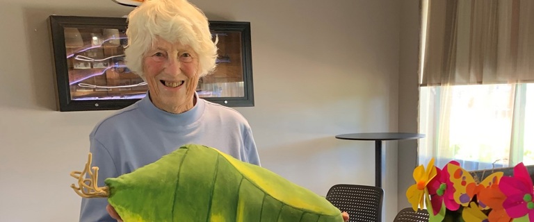 Dorothy Sherratt with cocoon for float Dorothy Sherratt with cocoon for float