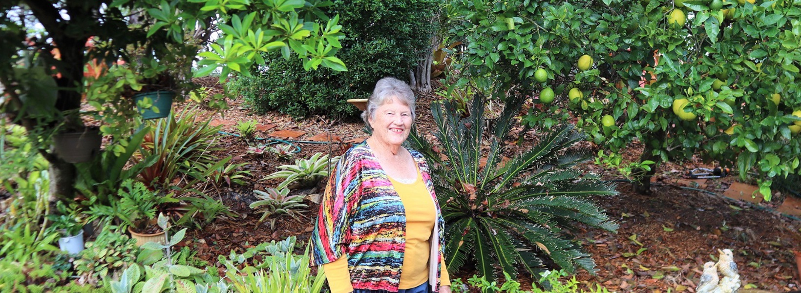 Wendy in her garden at Bongaree Wendy in her garden at Bongaree