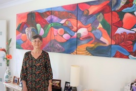 Frances leads fellow residents in art class.  Frances leads fellow residents in art class.